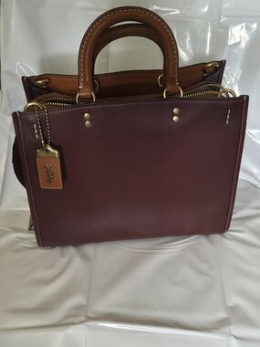Coach Rogue Two-Tone Leather Satchel in Burgundy and Tan